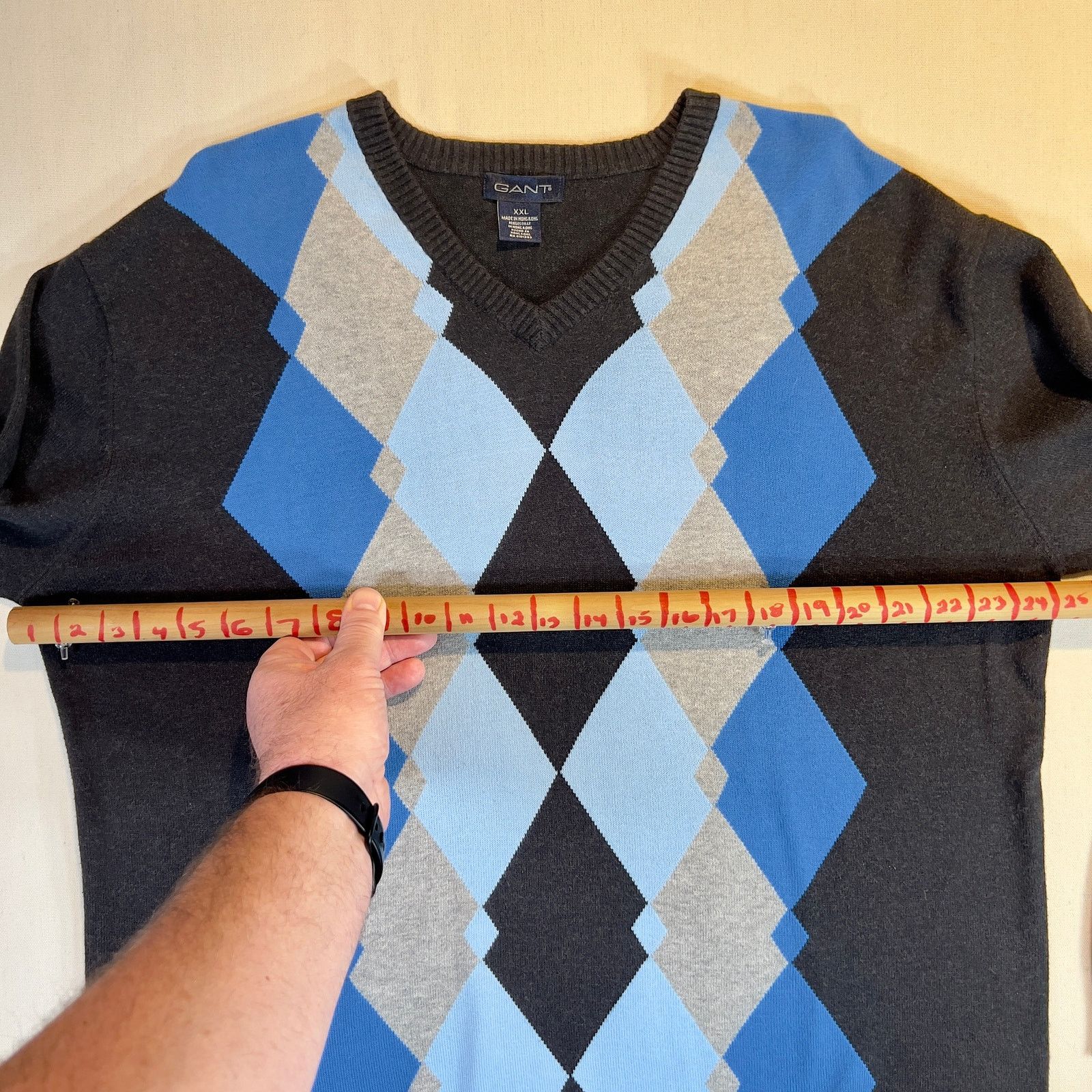 Gant Gant Vintage Made in Hong Kong Blue Argyle V-Neck Sweater Size US XXL / EU 58 / 5 - 5 Thumbnail