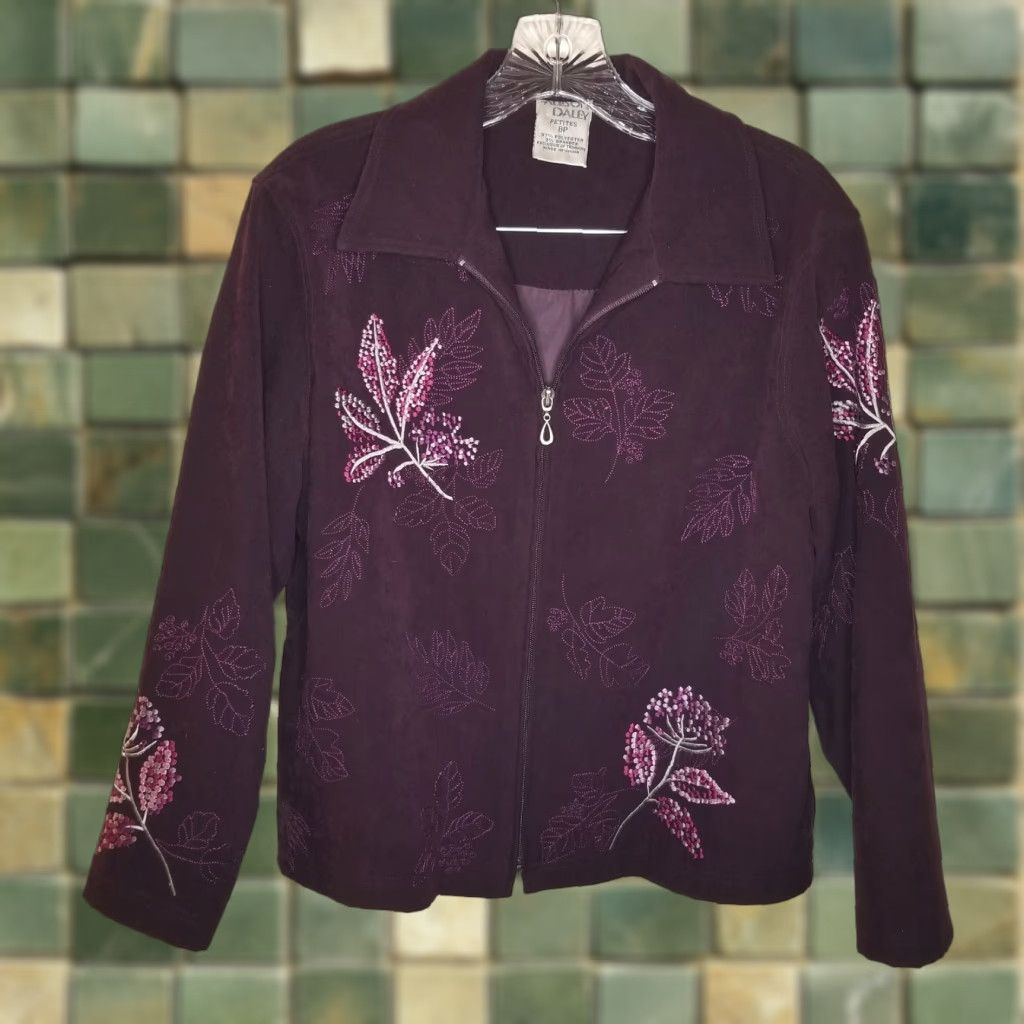 Vintage Allison Daley Jacket Women Petite 8P Purple Floral Full Zip Long Sleeve Size 8P Womens Size M / US 6-8 / IT 42-44 - 1 Thumbnail