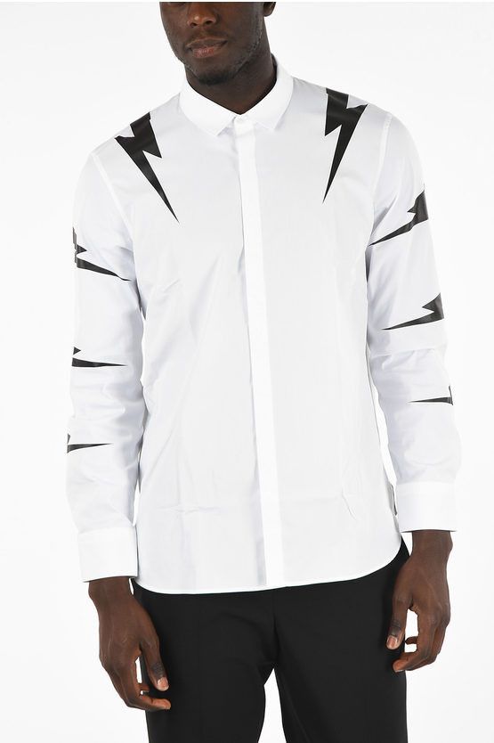 image of Neil Barrett Spread Collar Thunderbolt Shirt in White, Men's (Size Small)