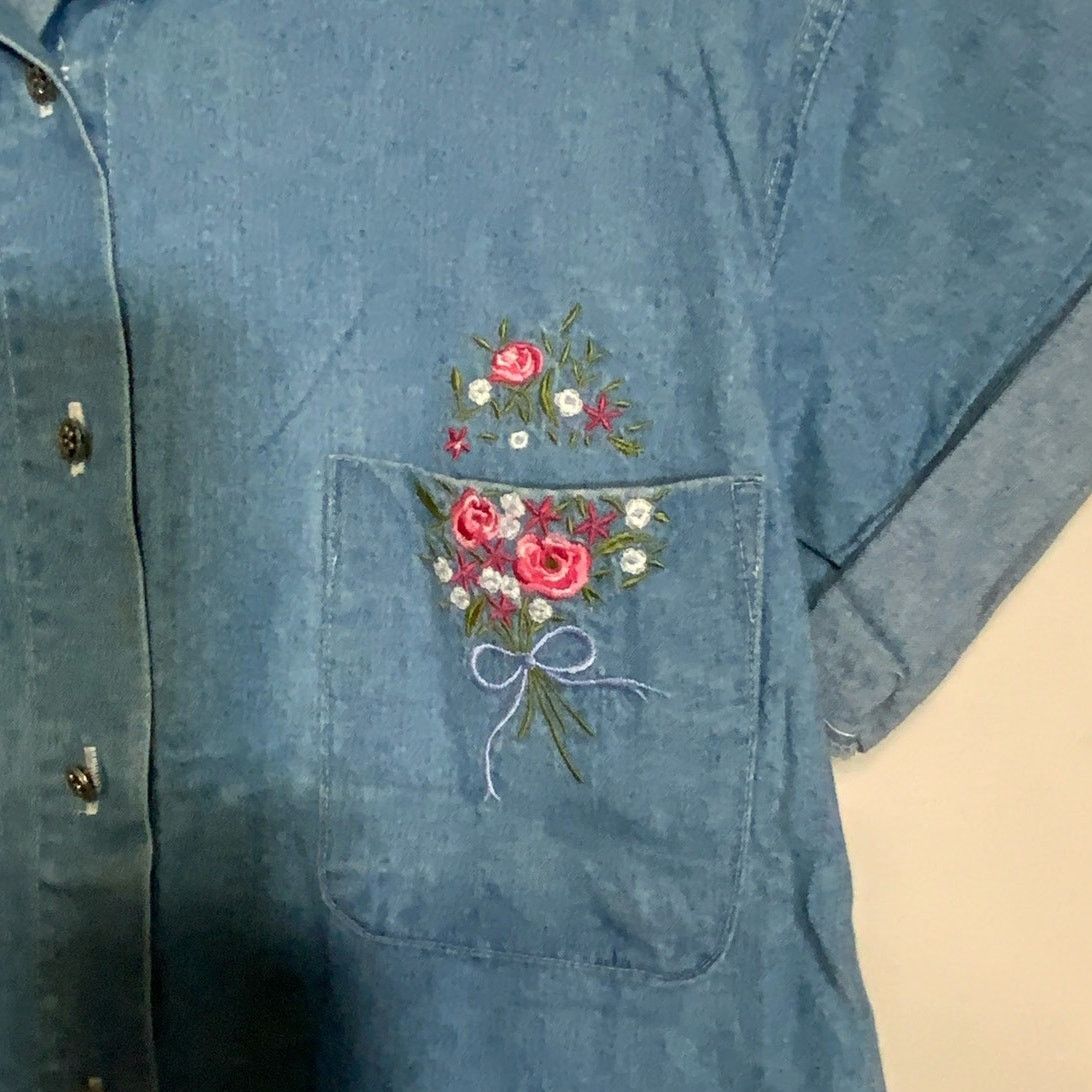 Unknown London Capacity Embroidered Flower Pocket Denim Button Up Shirt M Size M / US 6-8 / IT 42-44 - 3 Thumbnail