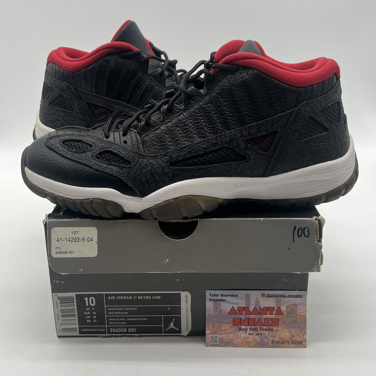image of Air Jordan 11 Low Black Charcoal Red Shoes, Men's (Size 10)