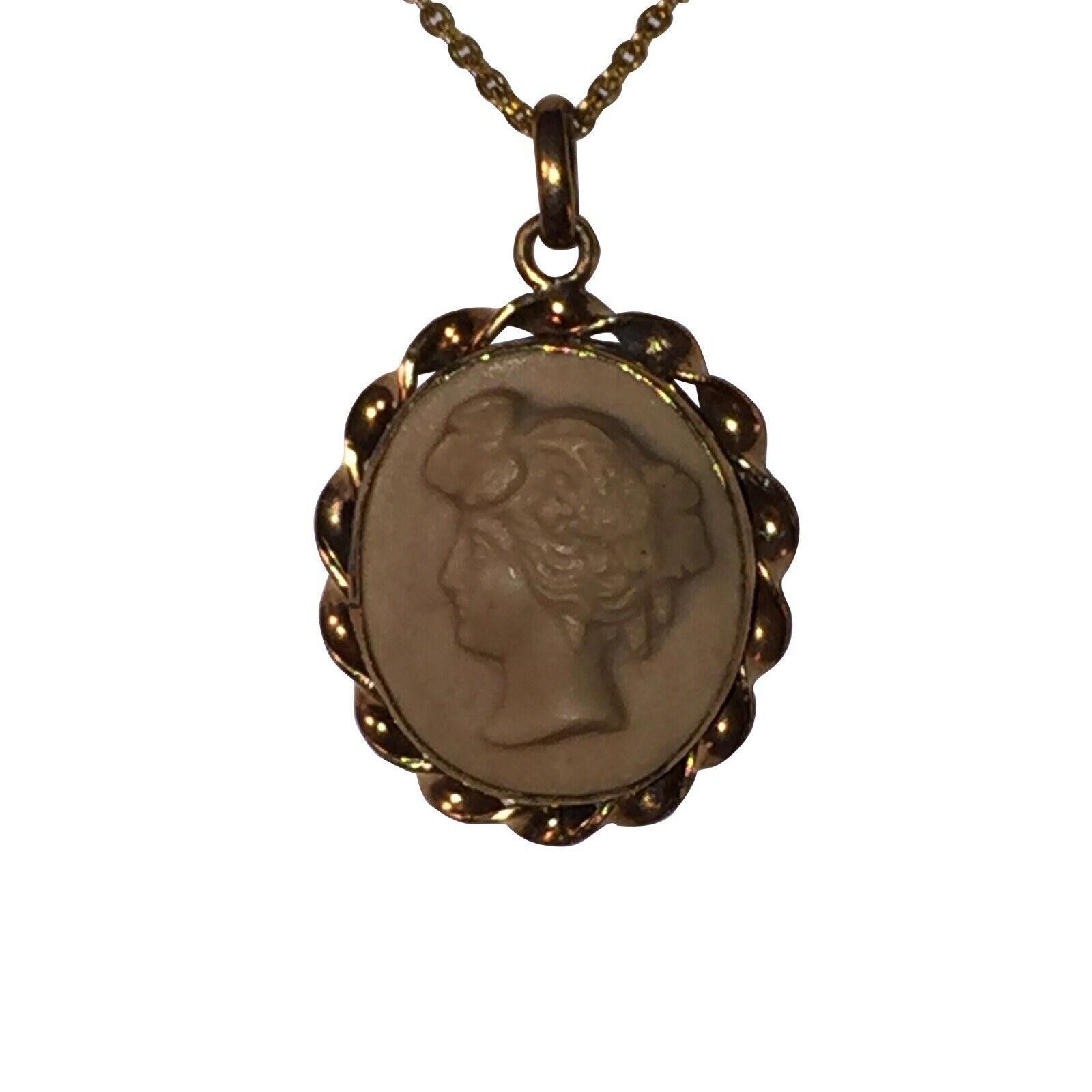 Victorian Gold Filled Lava Carved Cameo Pendant Necklace