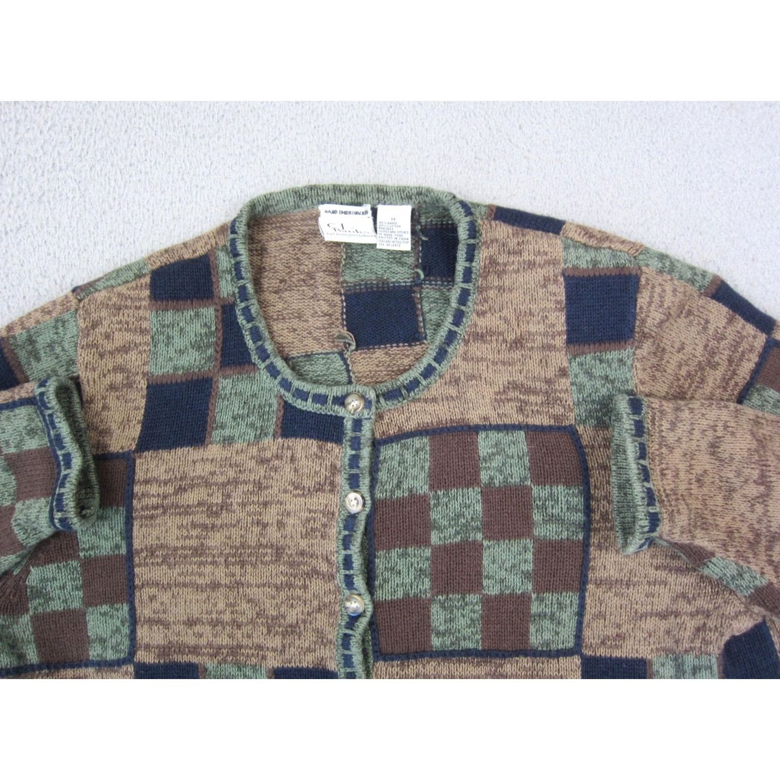 Vintage VINTAGE Christopher & Banks Cardigan Womens 1X Brown Check Embroidered Sweater Size XL / US 12-14 / IT 48-50 - 2 Thumbnail