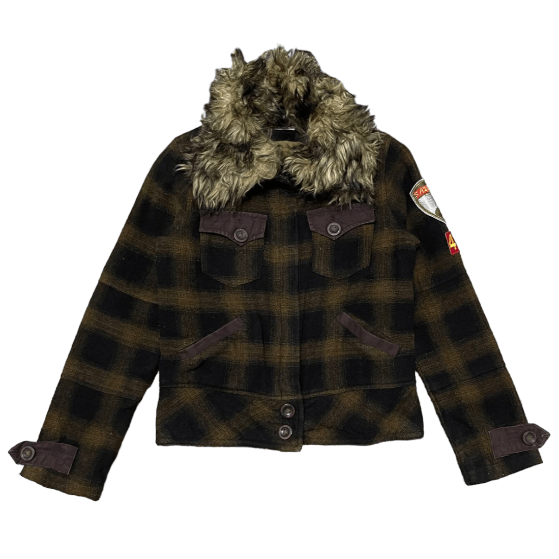 Vintage Sabotage Wool Plaid Fur Jacket 4 Pockets