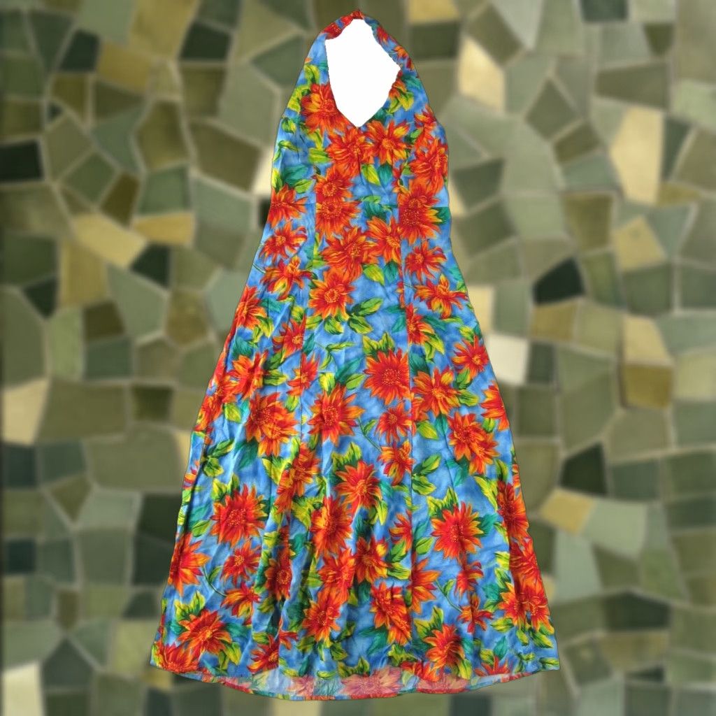 Sunflower VINTAGE UM & COMPANY Blue Orange Yellow Sunflower Flower Rayon Halter Dress M Size M / US 6-8 / IT 42-44 - 1 Thumbnail