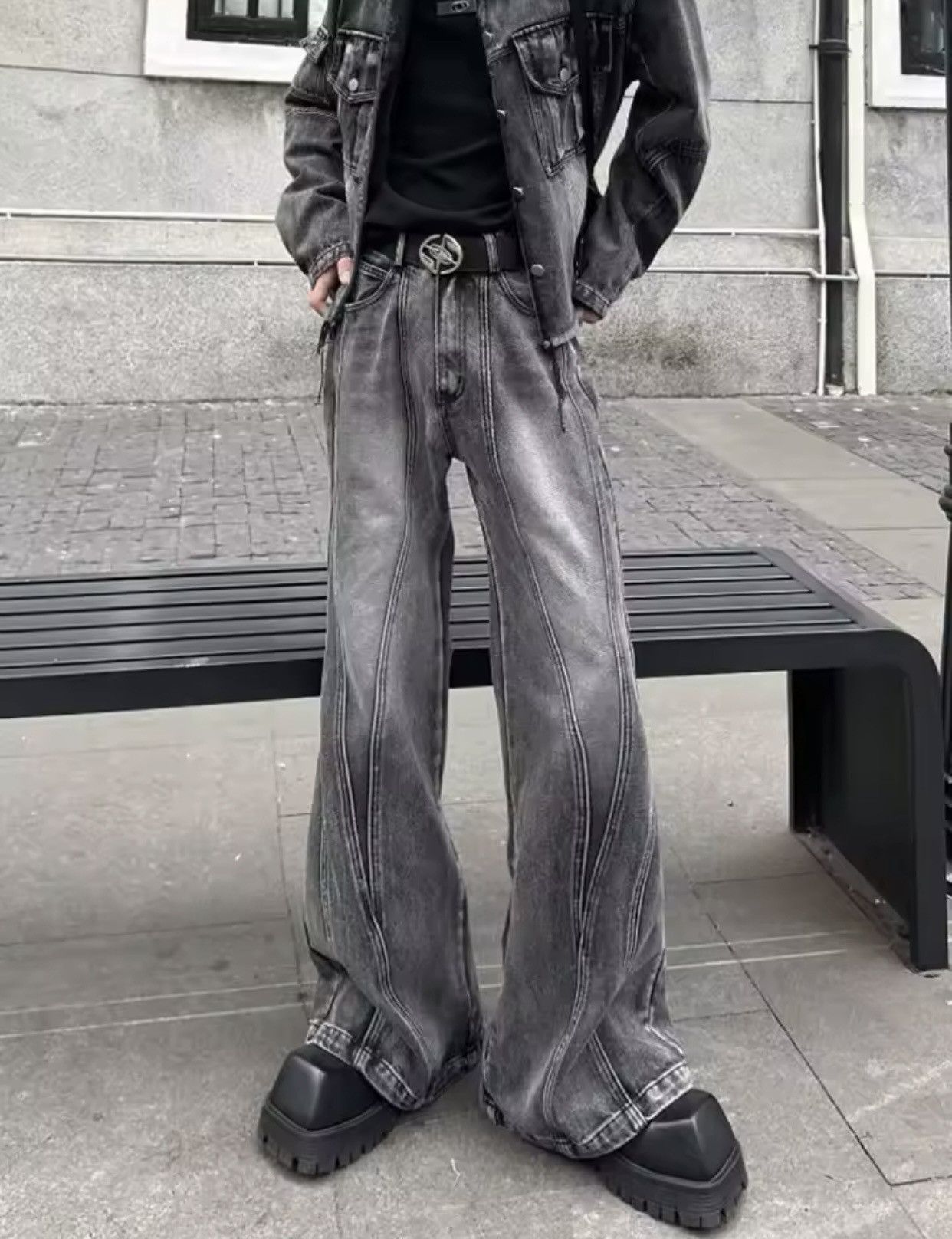 Denime × Jean × Vintage Trashy Y2K Streetwear Washed Grey Baggy Stacked Flare Jeans Size US 27 - 6 Thumbnail