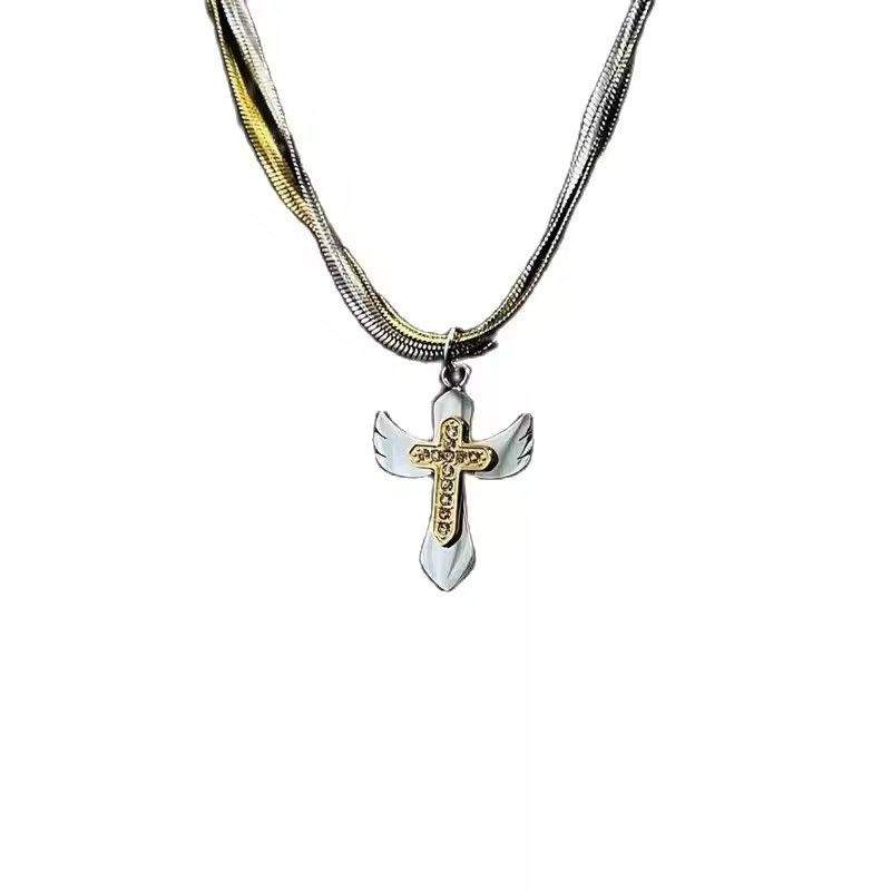 Jewelry Double Layered Wings Cross Pendant Necklaces Size ONE SIZE - 4 Thumbnail