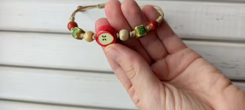 Jewelry Handmade Apple Ceramic Bracelet Adjustable Woven Cord Size ONE SIZE - 2 Thumbnail