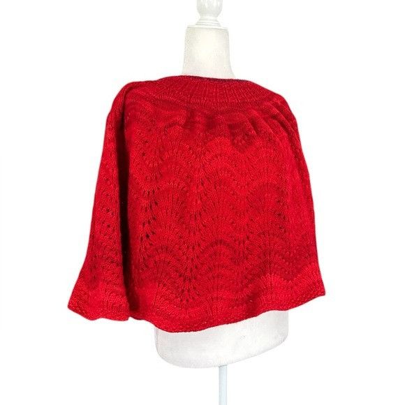 Handmade Handmade Knit Red Poncho Shawl Size ONE SIZE - 2 Thumbnail