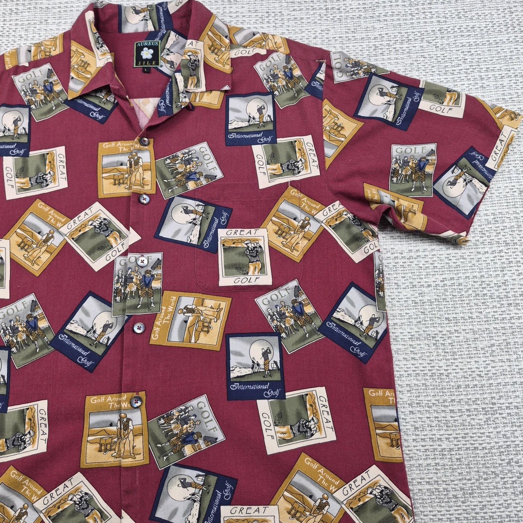 Vintage Aureus Silk Blend Shirt Men's L Hawaiian Golf Print Short Sleeve Button-Up Shirt Size US L / EU 52-54 / 3 - 2 Thumbnail