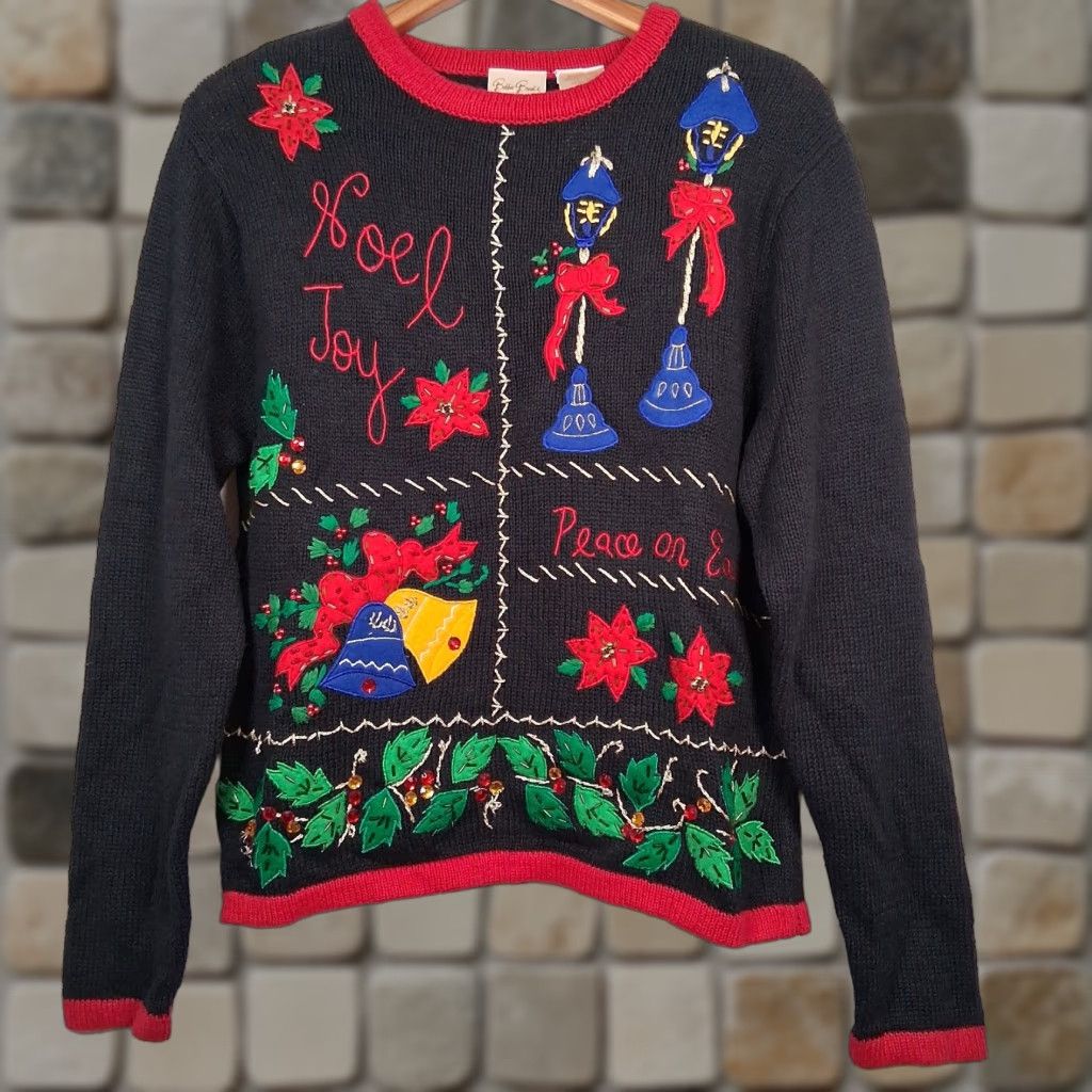 Vintage VINTAGE Bobbie Brooks Ugly Christmas Sweater Shirt Women M Black Beaded Bells Poinsettia 90s Christmas Holiday Trend Size M / US 6-8 / IT 42-44 - 1 Thumbnail
