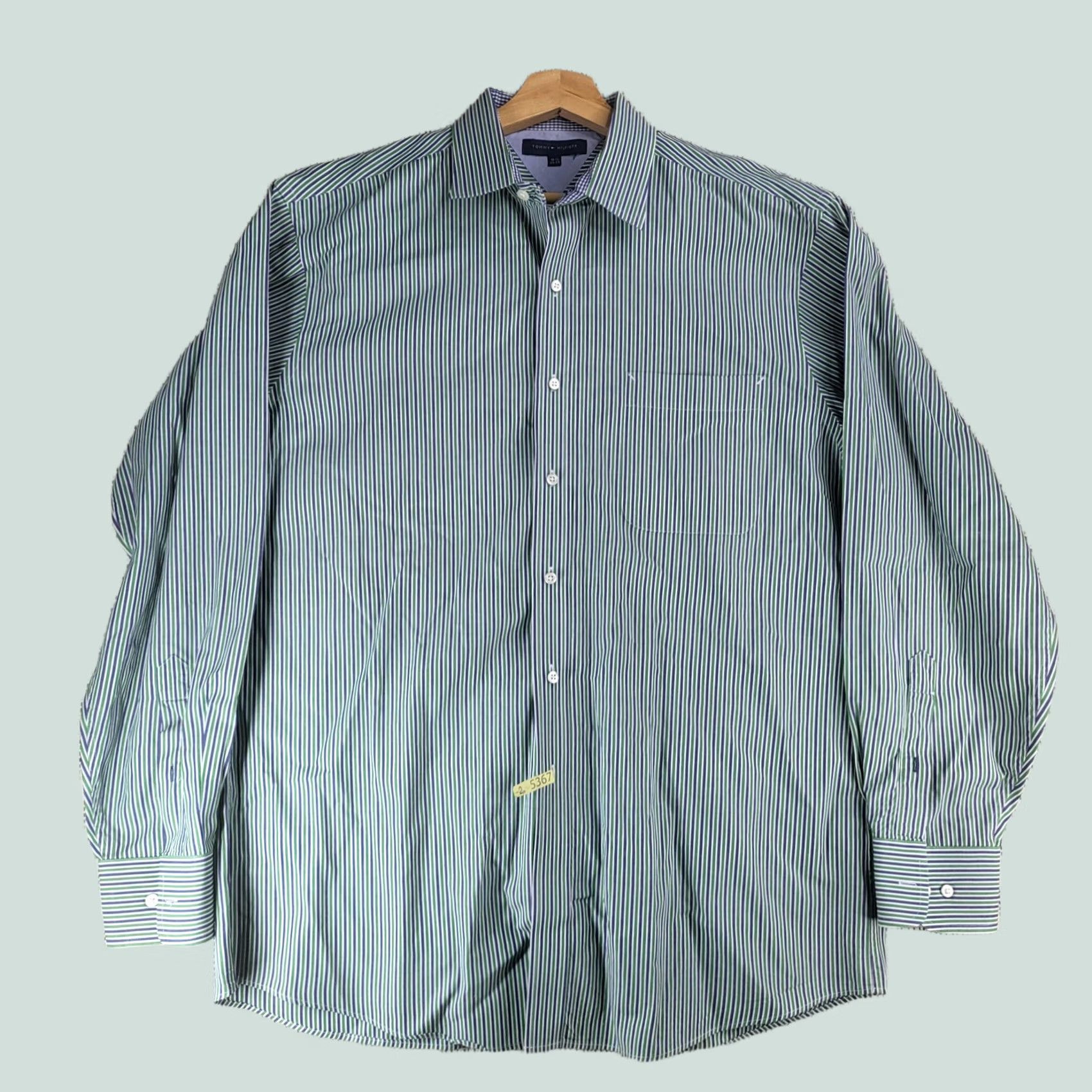 Tommy Hilfiger Shirt Mens Large 16.5 Green Striped Button Up Long Sleeve Classic, Men's (Size Xl)
