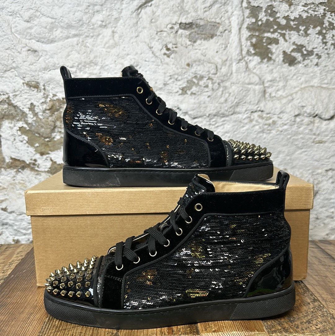 Christian Louboutin Christian Louboutin Black Gold Sequin Spike Sneaker  Size 10 | Grailed