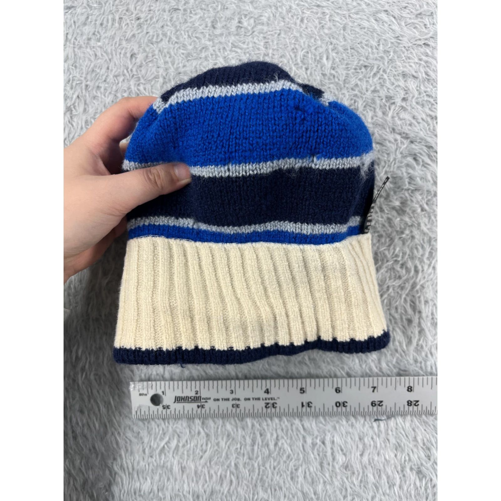 Vintage Smiley Beanie Adult One Size Blue Knit Stripe Wool Spandex Winter Pom Ski Hat/Cap Beanie Mens Womens Unisex Adults Knit Style Logo Ski 90s Size ONE SIZE - 5 Thumbnail