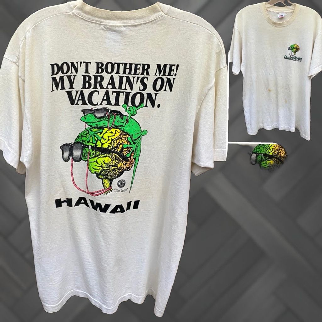 Fruit Of The Loom VINTAGE Brainwaves Hawaii Gecko T Shirt Mens L White Neon 90s Graphic Size US L / EU 52-54 / 3 - 1 Thumbnail
