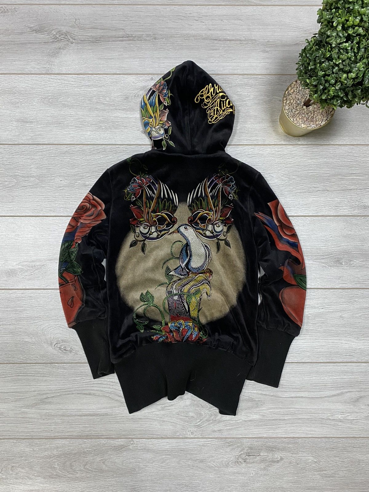 Ed Hardy Christian Audigier 🌹 velour all over print hoodie zip fleece Size M / US 6-8 / IT 42-44 - 1 Thumbnail