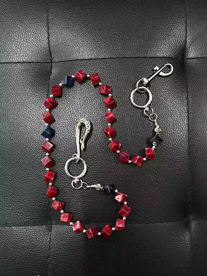 Jewelry Ink Smudge Red Bead Denim Chain – Vintage Retro Style Size ONE SIZE - 1 Thumbnail