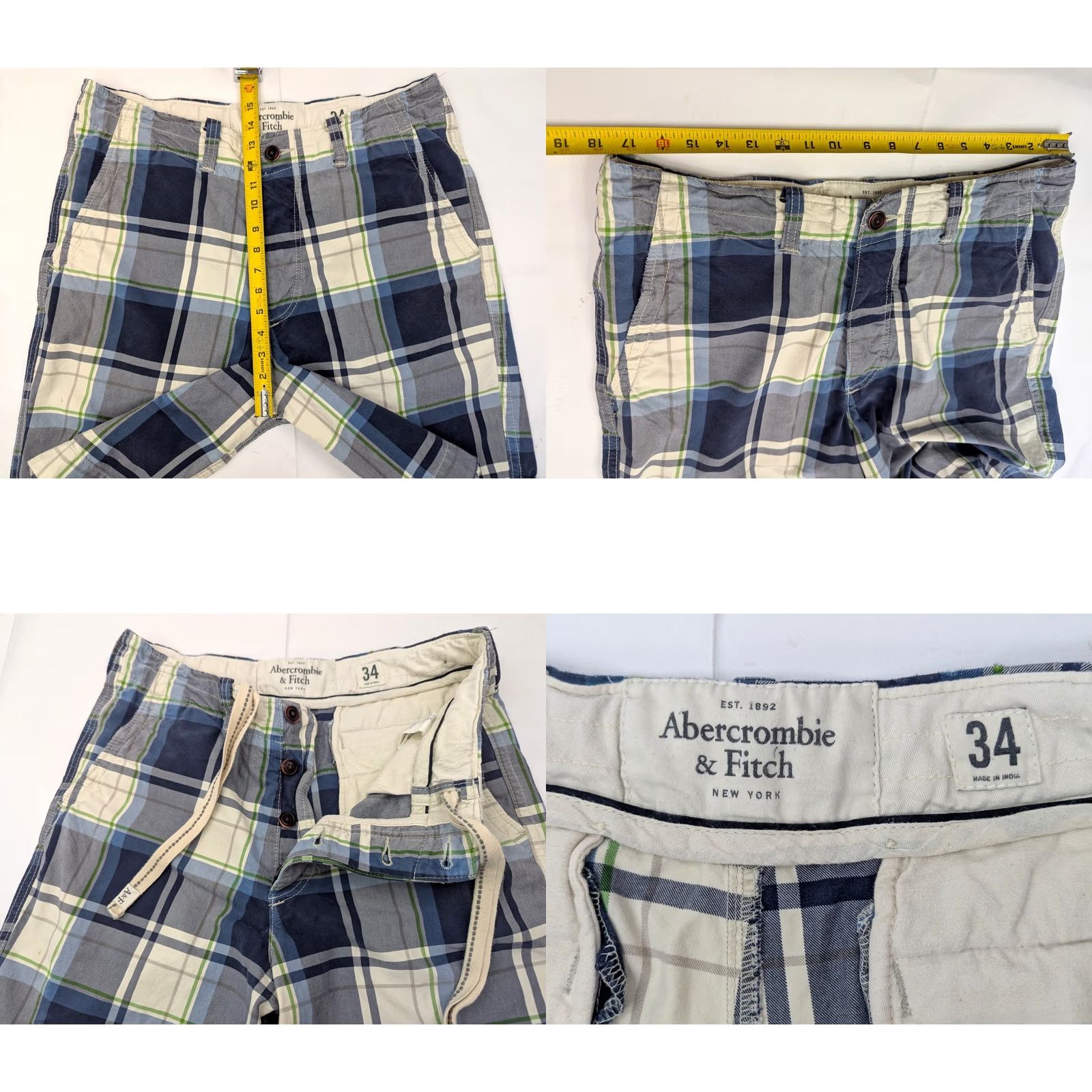 Abercrombie & Fitch Abercrombie & Fitch Heavy Cotton Plaid Shorts Bermuda, Men 35 Blue Green, 90s Grunge Cargo Pocket, Regular Fit Size US 35 - 8 Thumbnail