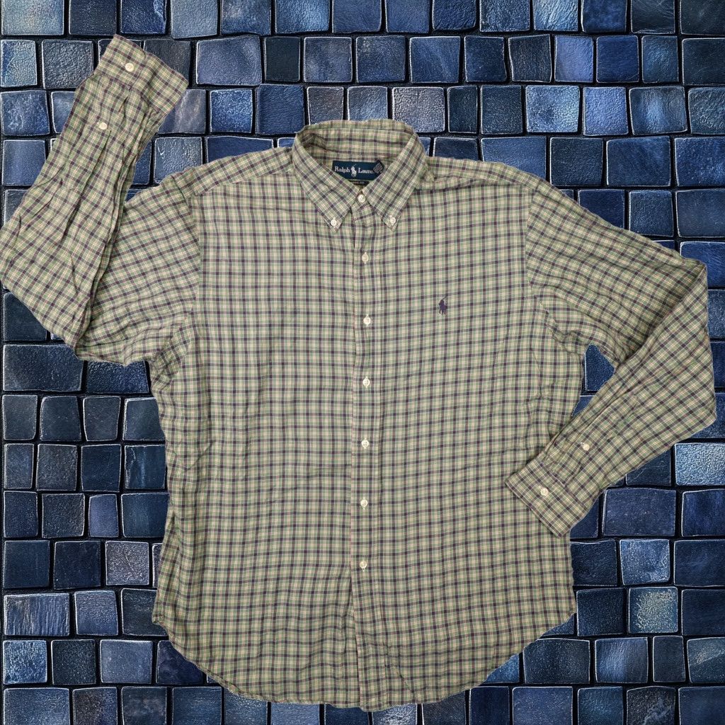 Vintage Ralph Lauren Shirt Mens Large Green Plaid Button Up Classic Fit Long Sleeve Designer Preppy, Men's