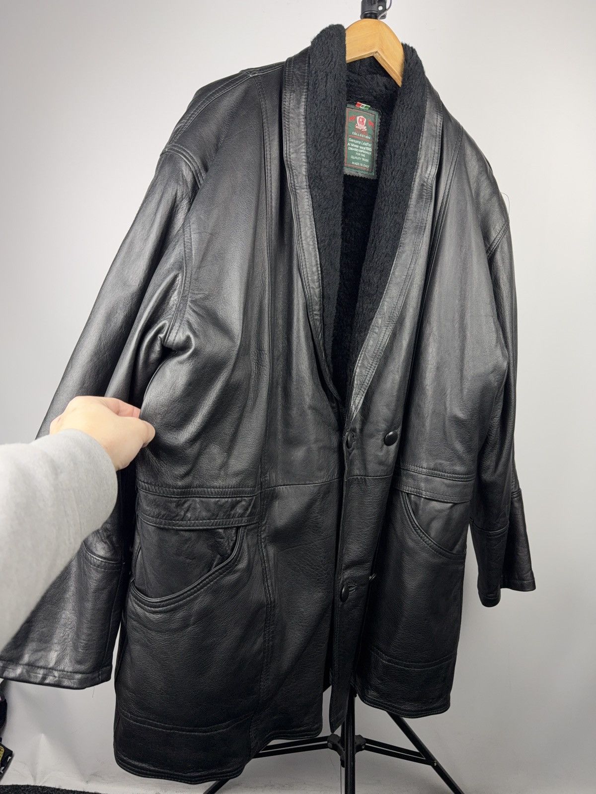 Genuine Leather Avant Garde 90s Vintage Italian Leather Coat Shearling Lined Size US XL / EU 56 / 4 - 4 Thumbnail