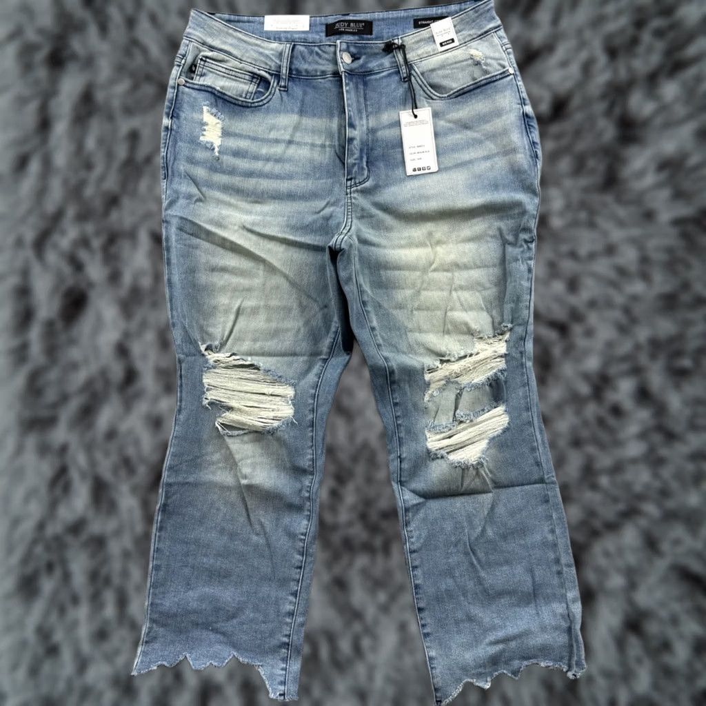 Vintage Judy Blue Jeans Womens 16 Mid Rise Straight Blue Stretch Distressed Raw Hem NWT Size 38" / US 16 / IT 52 - 1 Thumbnail