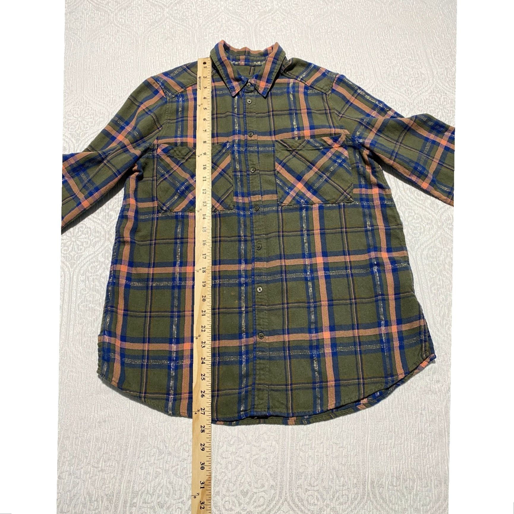 Express VINTAGE Express Boyfriend Plaid Flannel Shirt Women Medium Green Pink Metallic Thread Size M / US 6-8 / IT 42-44 - 7 Thumbnail