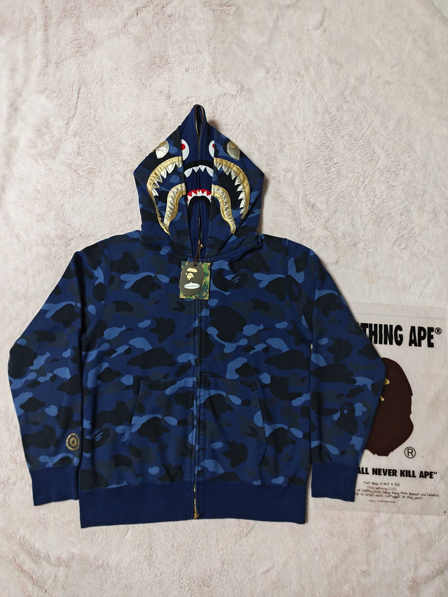 Bape BAPE Navy Blue x 1st camo green ape head full zip Hoodie