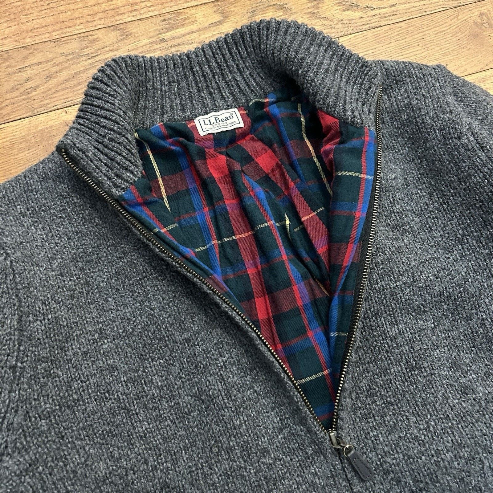 L.L. Bean Wool Knit Plaid Flannel Lined Zip Kangaroo Pocket Sweater Size US L / EU 52-54 / 3 - 2 Thumbnail