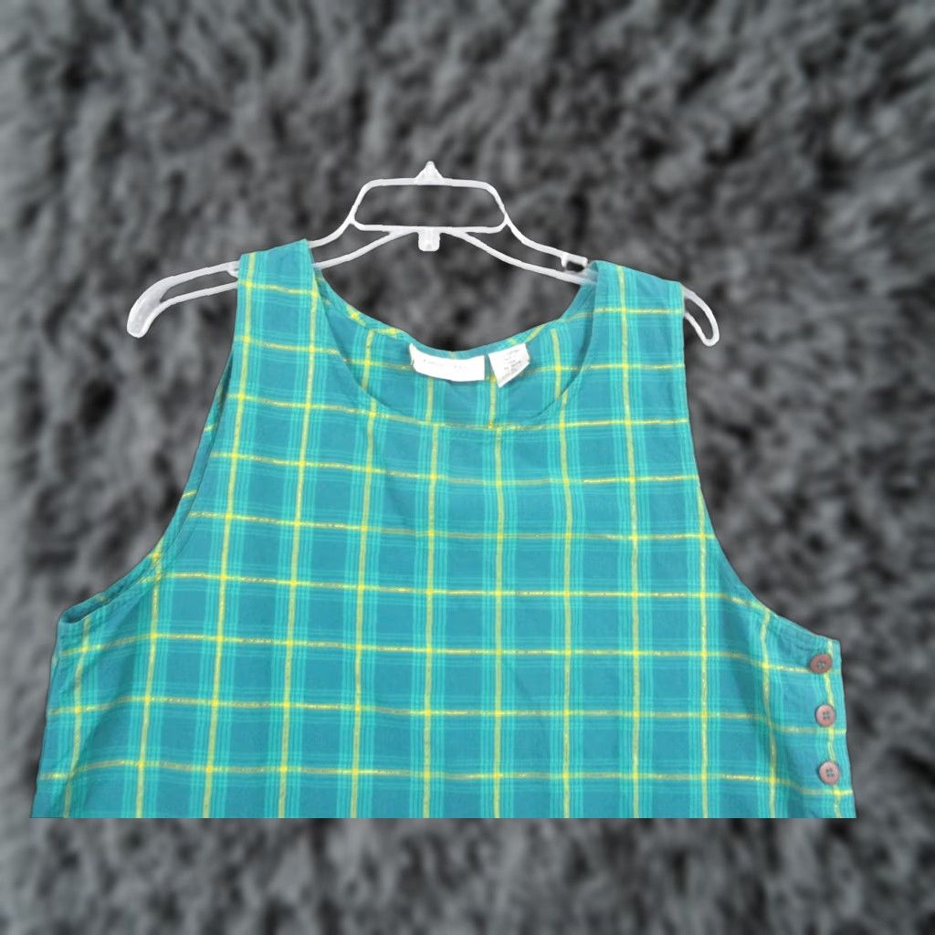 Vintage Lemon Grass Blouse Womens Large Green Plaid 100% Cotton Sleeveless Tunic Top Size L / US 10 / IT 46 - 1 Thumbnail