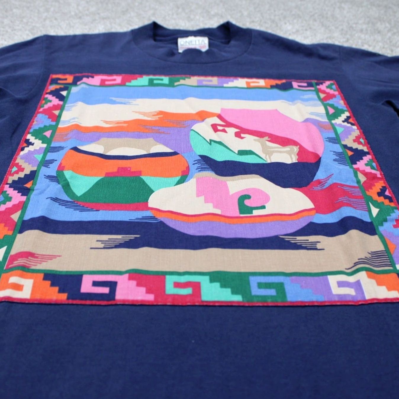 Vintage VINTAGE Oneita Power/50 Shirt Mens Medium Blue Aztec Southwest Tribal S/S Size US M / EU 48-50 / 2 - 4 Thumbnail