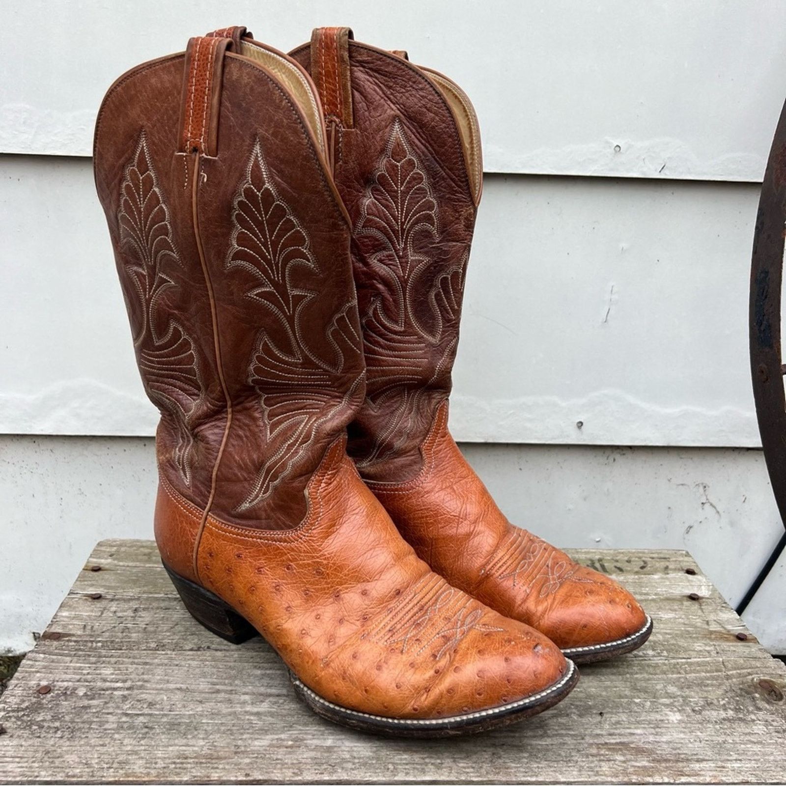 image of Vintage Hondo Boots Ostrich Cognac Leather Cowboy Western 10 1/2 Ee in Brown, Men's (Size 10.5)