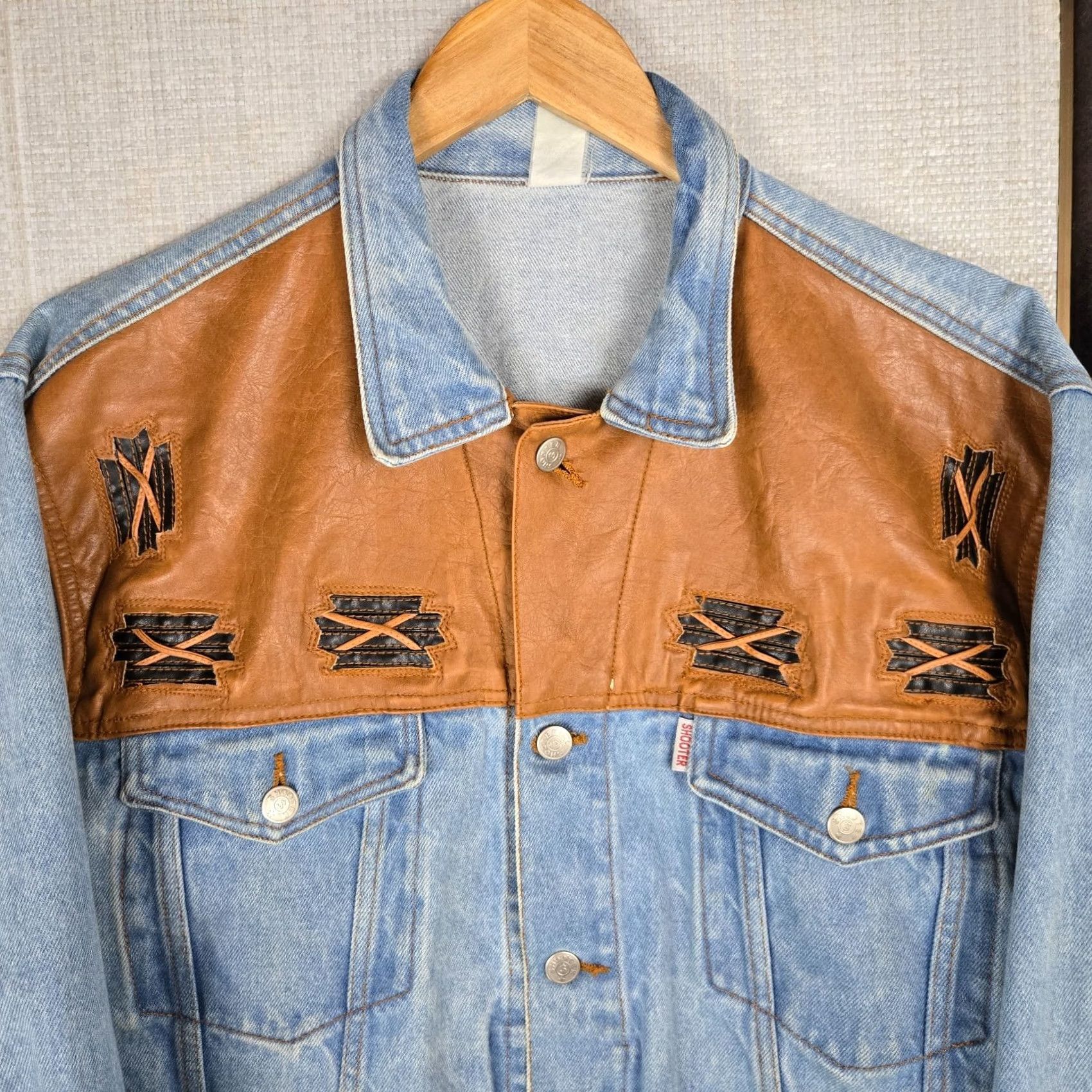 Denime SHOOTER VTG Mens Size Large Western Denim Leather Trucker Jacket Button Front Size US L / EU 52-54 / 3 - 3 Thumbnail