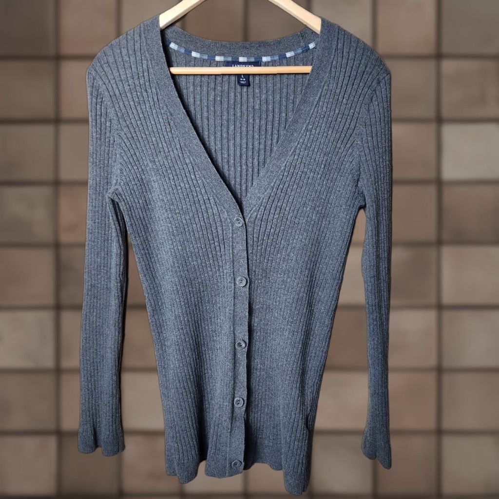 Lands' End Lands' End Cardigan Womens Y2K Charcoal Gray Heather Ribbed Button Front V-Neck Knit Cotton Blend L Size L / US 10 / IT 46 - 1 Thumbnail