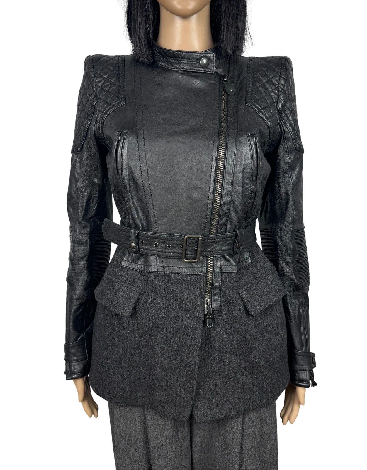 Diesel Black Gold Biker Belted Jacket Leather Wool size 40