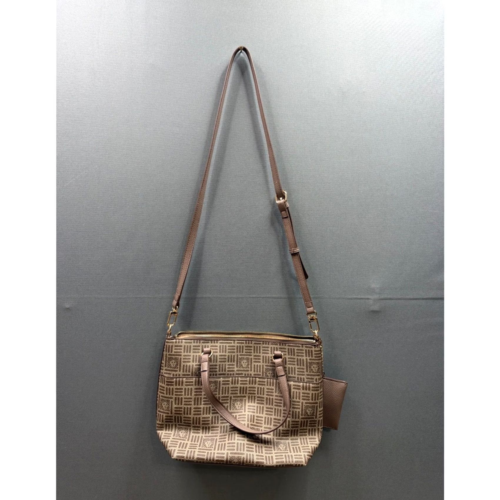 Anne Klein Anne Klein Crossbody Tote Bag Womens Taupe Brown Monogram Lion Head Pouch OS Size ONE SIZE - 5 Thumbnail
