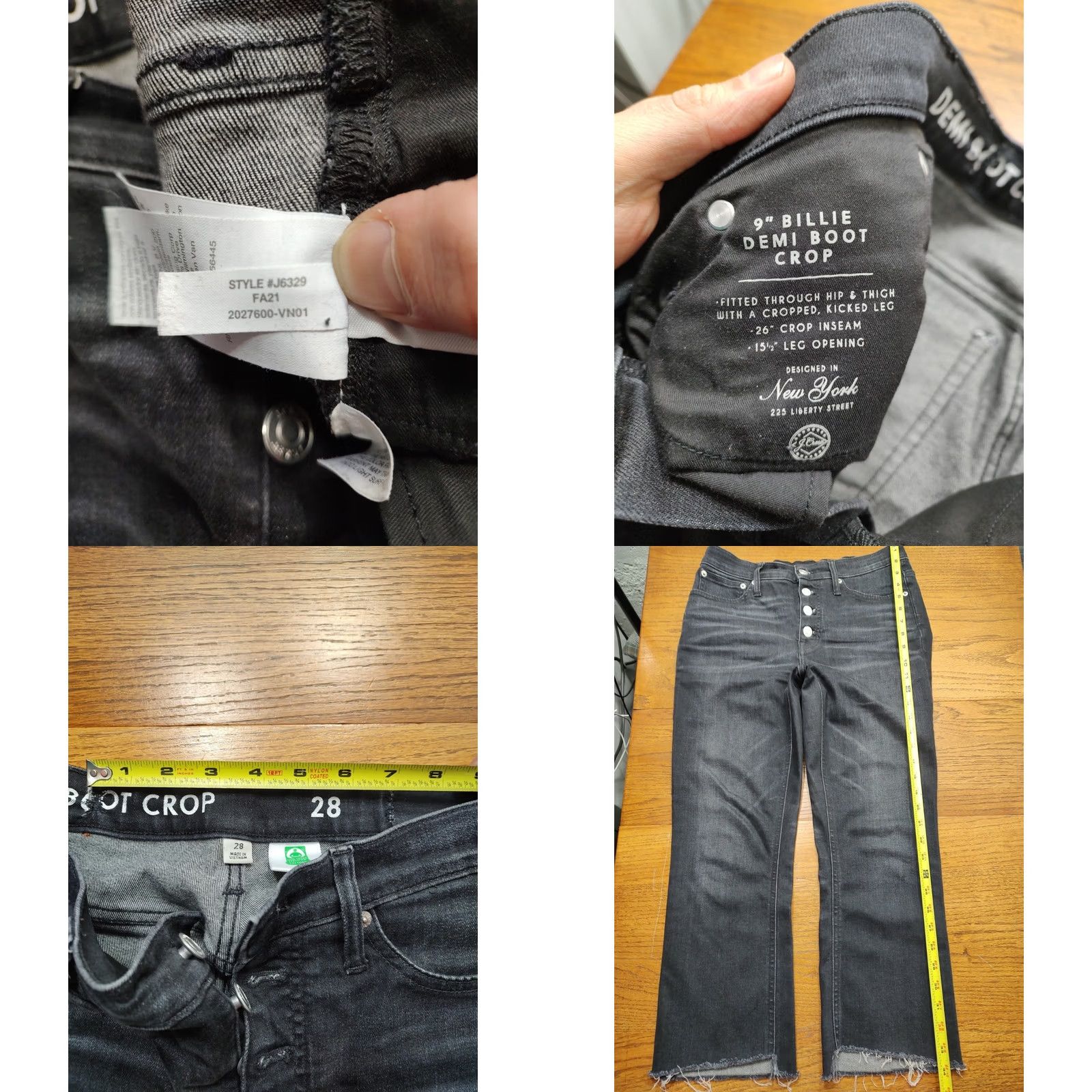 J.Crew VINTAGE J.CREW Jeans 9” Billie Demi Boot Crop Black Gray Button Fly Raw Hem Womens 28 Size 28" / US 6 / IT 42 - 8 Thumbnail