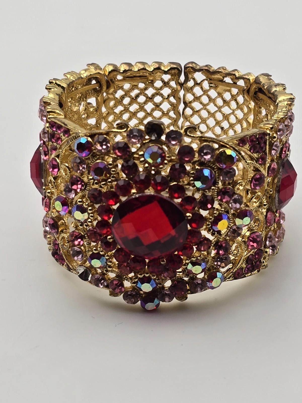 Pink Vintage Gold Tone Cuff Bracelet Pink/Red Rhinestones Baroque Size ONE SIZE - 1 Thumbnail
