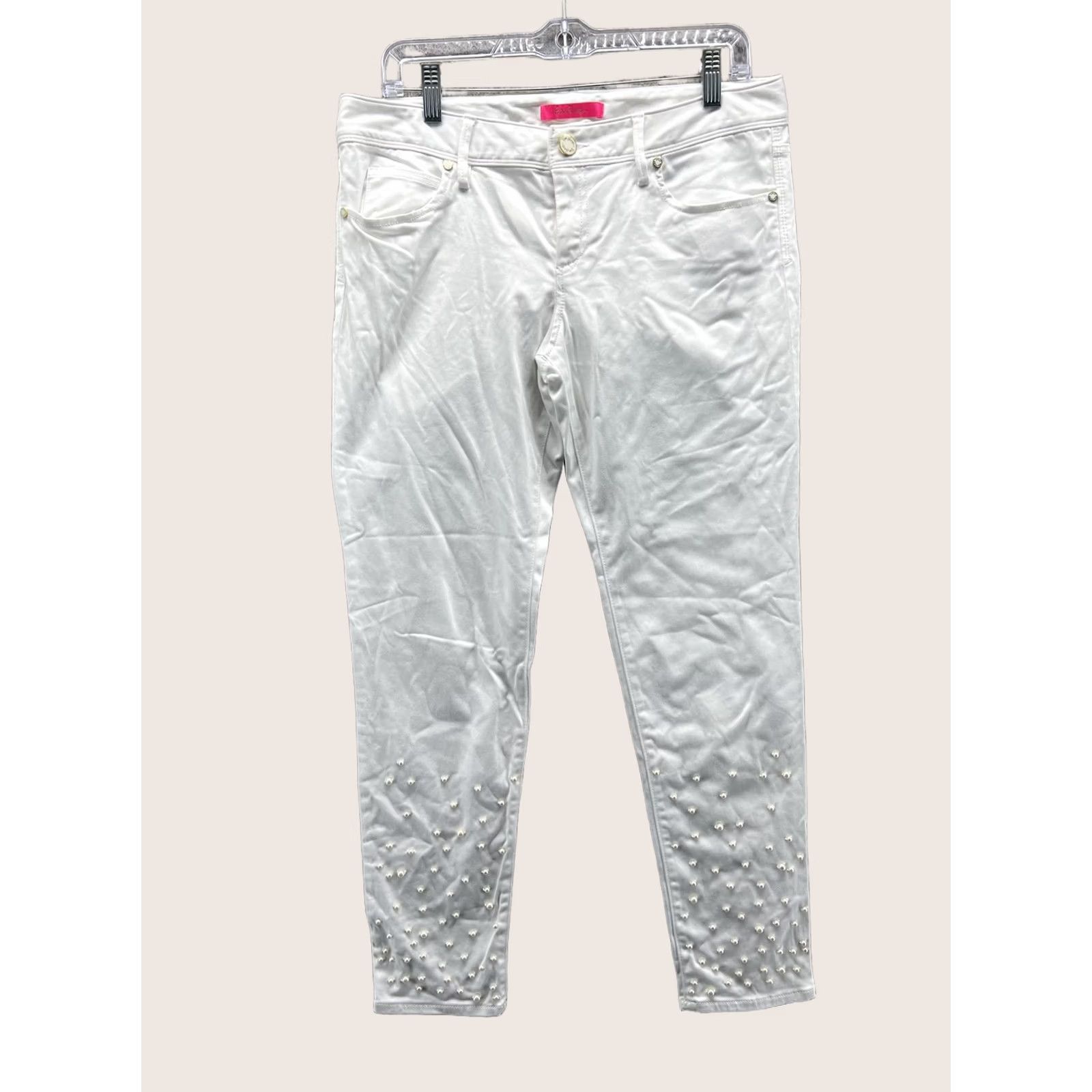 Lilly Pulitzer Lilly Pulitzer Jeans Womens 10 White Skinny Pearl Studded Denim Ankle Pants Slim 5-Pocket White Womens Jeans Size 32" / US 10 / IT 46 - 1 Thumbnail