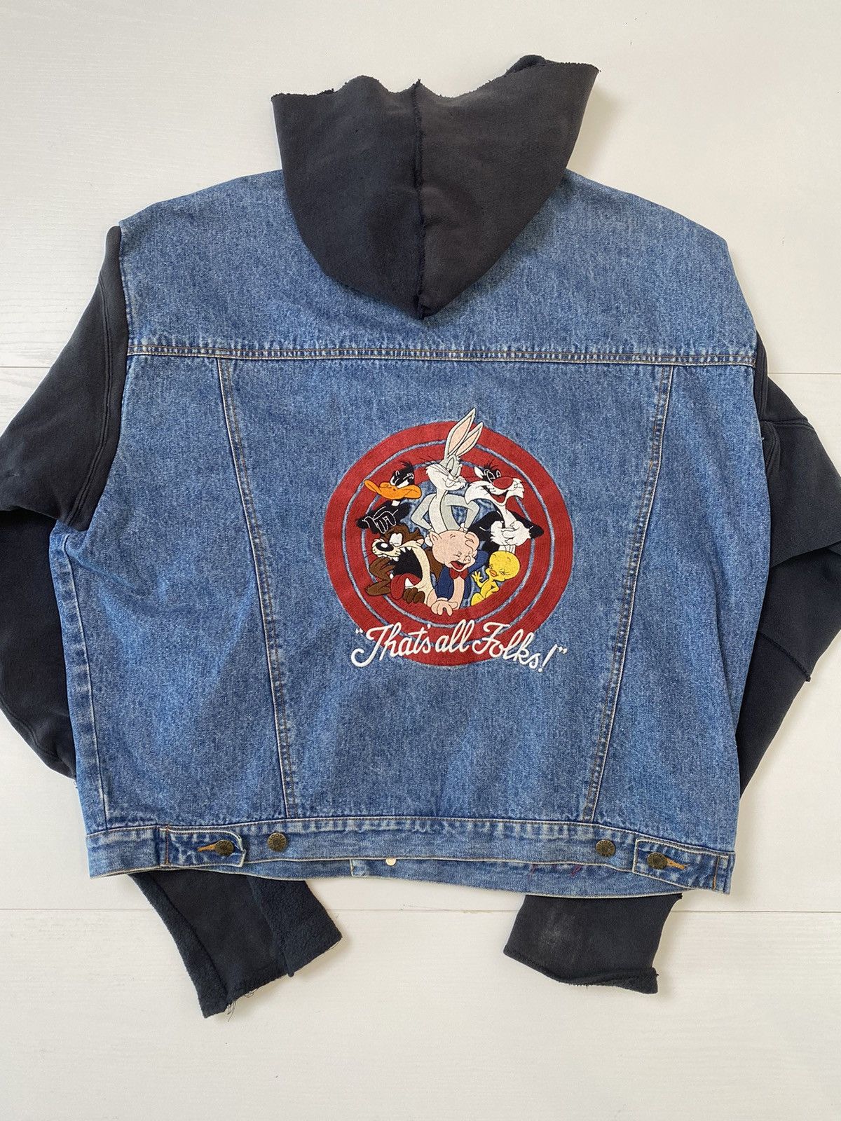 Other Looney Tones sweatshirt jacket, L, blue/black denim, used Size US L / EU 52-54 / 3 - 13 Thumbnail
