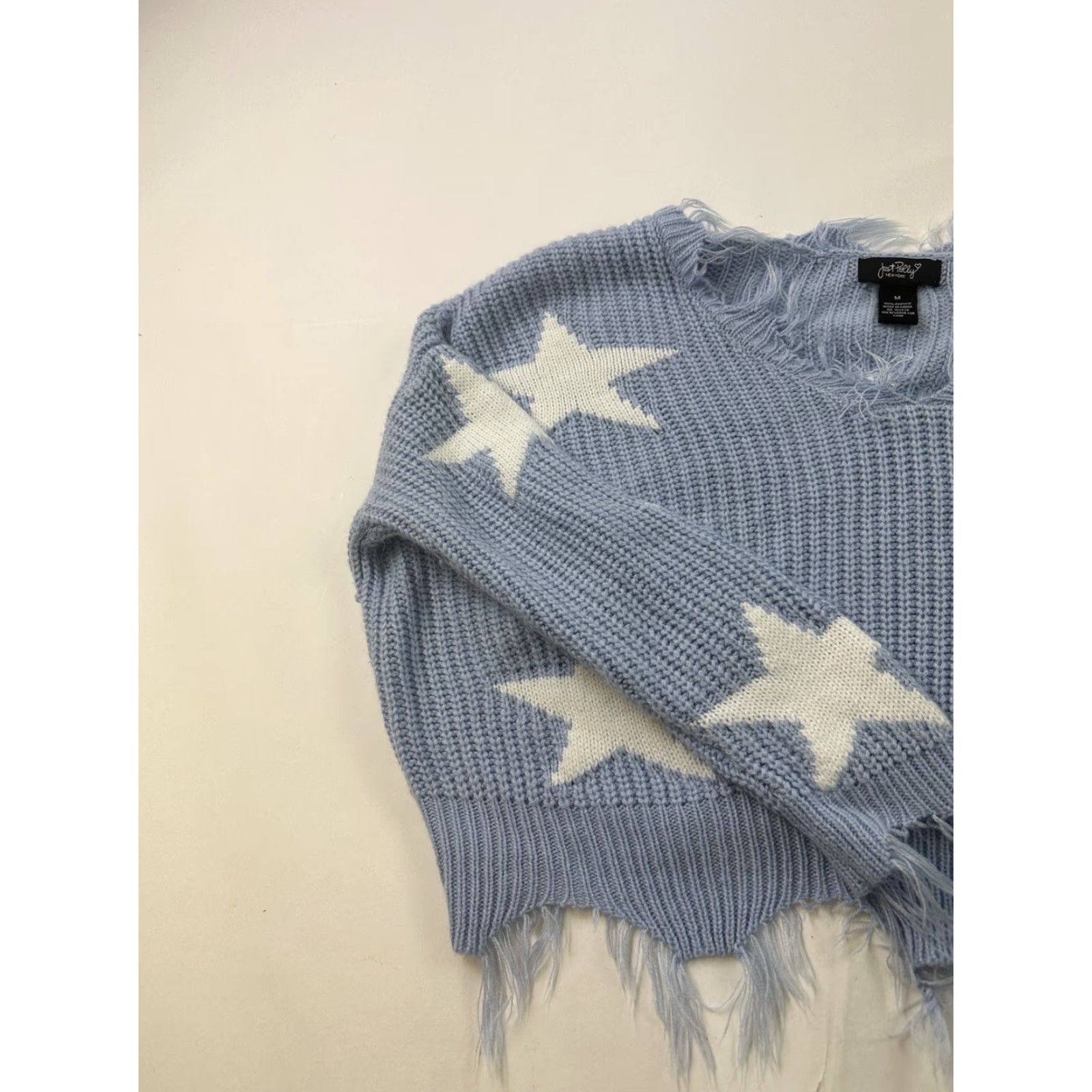 Vintage Just Polly Sweater Adult Medium Blue V-Neck Cropped Fringe Stars Pullover Womens Size M / US 6-8 / IT 42-44 - 4 Thumbnail