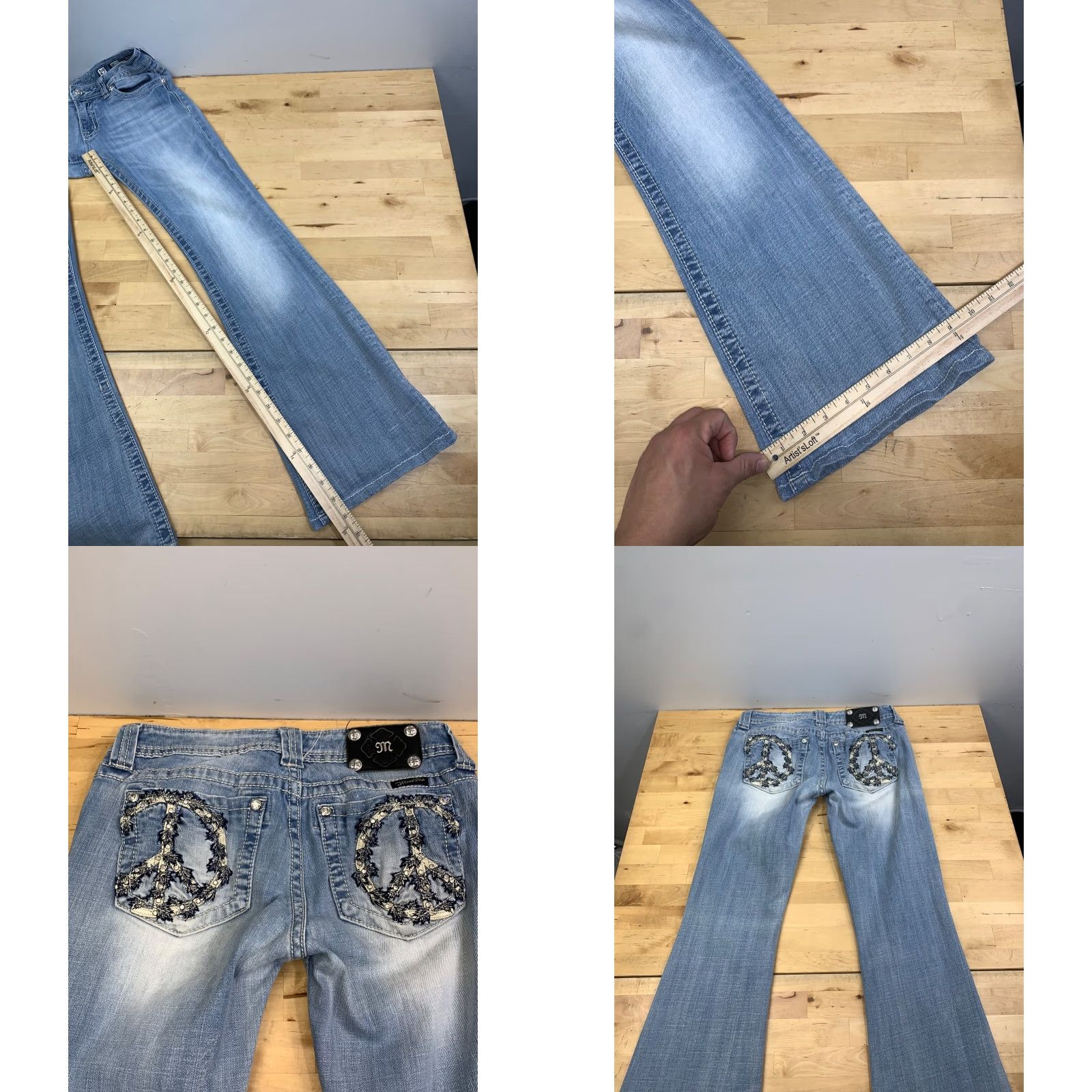 Miss Me VINTAGE Miss Me Jeans Womens Flared 5-Pocket Denim Blue 29x31 Peace Symbol Embellished 12719 Mens? Size 29" - 8 Thumbnail