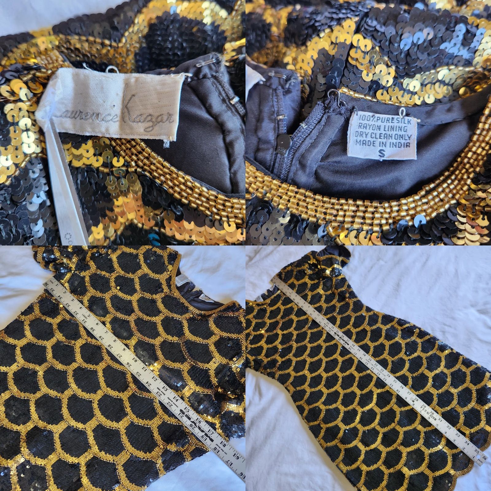 Sperry Vintage 80's Scalloped Sequin Black Gold Silk Dress as seen on Katy Perry Size S by Laurence Kazar Size S / US 4 / IT 40 - 8 Thumbnail