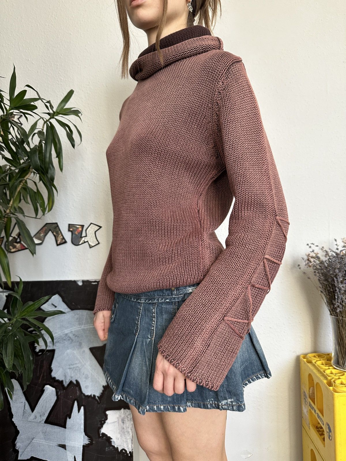 Seditionaries × Vintage Vintage Knit Washed Faded Lace Up Sleeve Turtleneck Sweater Size M / US 6-8 / IT 42-44 - 3 Thumbnail