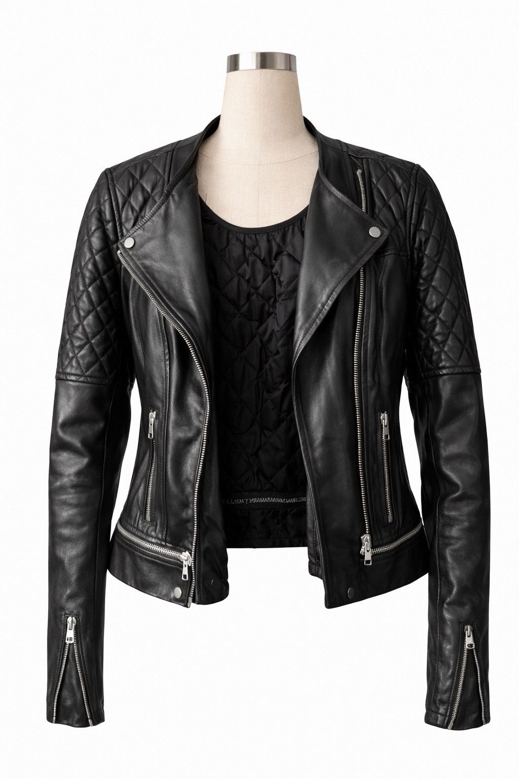 Allsaints All Saints Black Leather Jacket with Quilted Sleeves Size S / US 4 / IT 40 - 4 Thumbnail