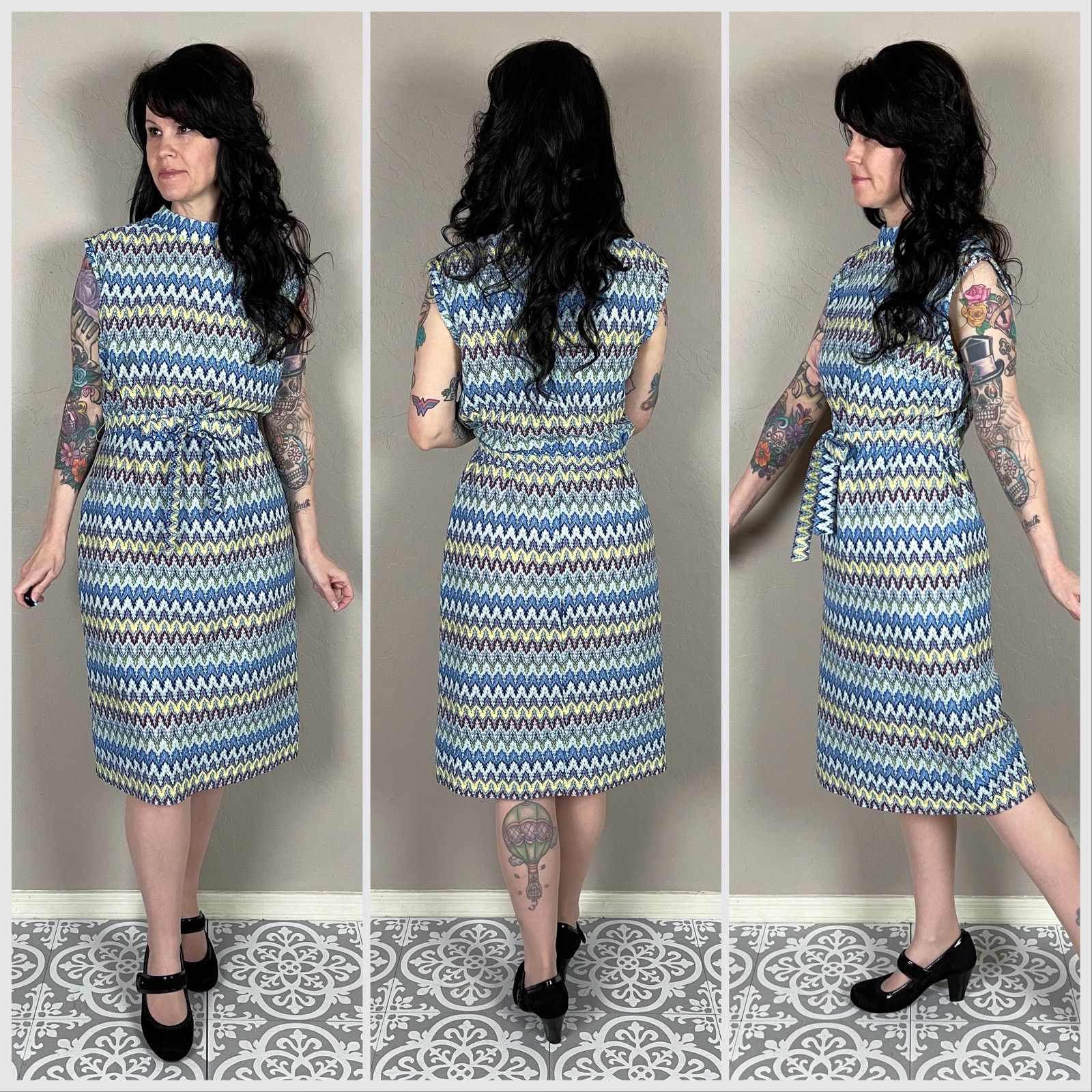 Vintage 1960s Blue and Green Zig Zag Knit Sleeveless Sheath Dress Size M / US 6-8 / IT 42-44 - 2 Thumbnail