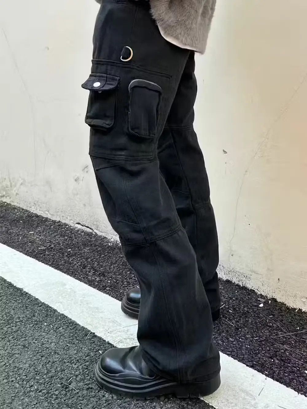 Black utility tactical flared cargo pants