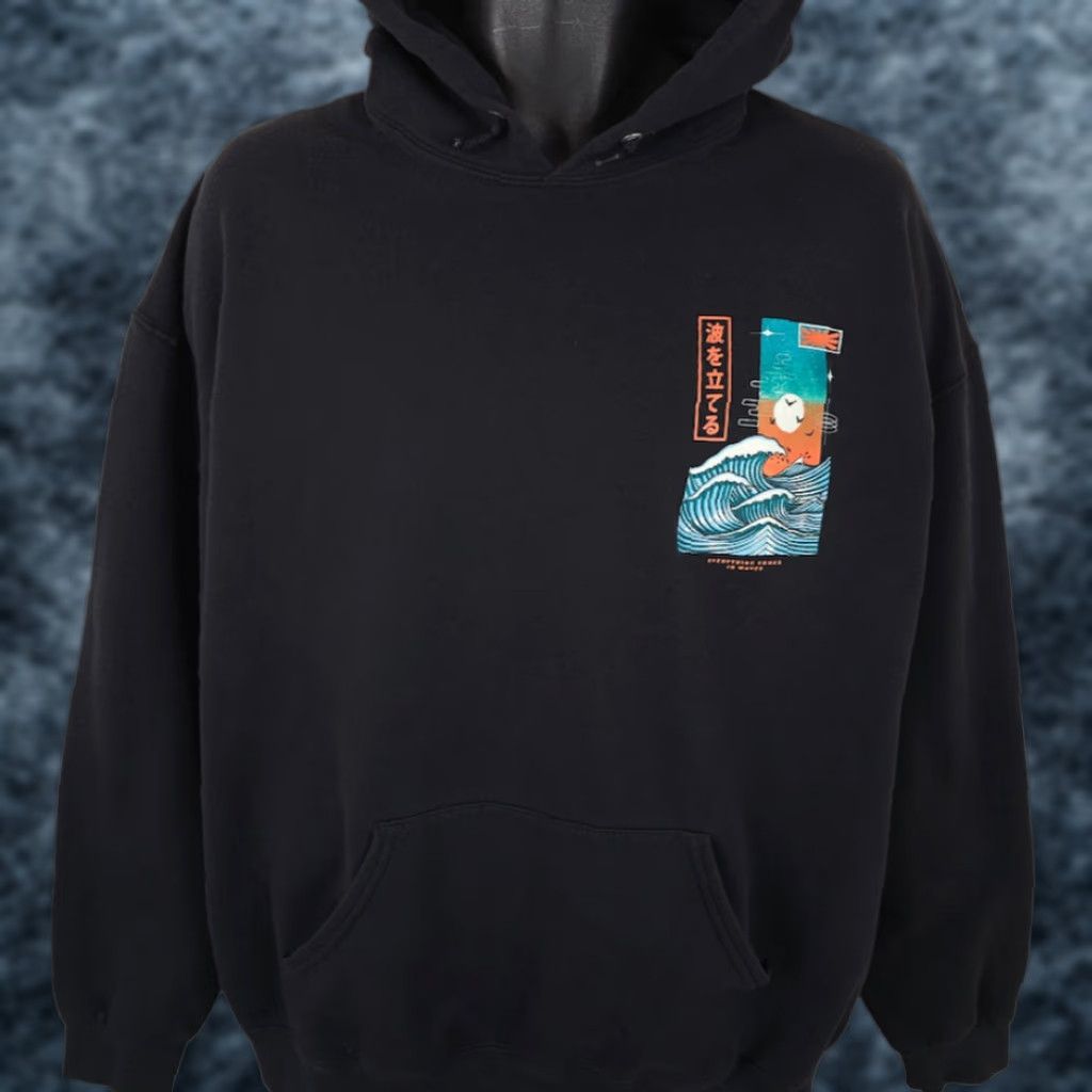 Vintage Bowery Japanese Ocean Waves Sweatshirt Hoodie Mens XL Black Pullover Size US XL / EU 56 / 4 - 1 Thumbnail