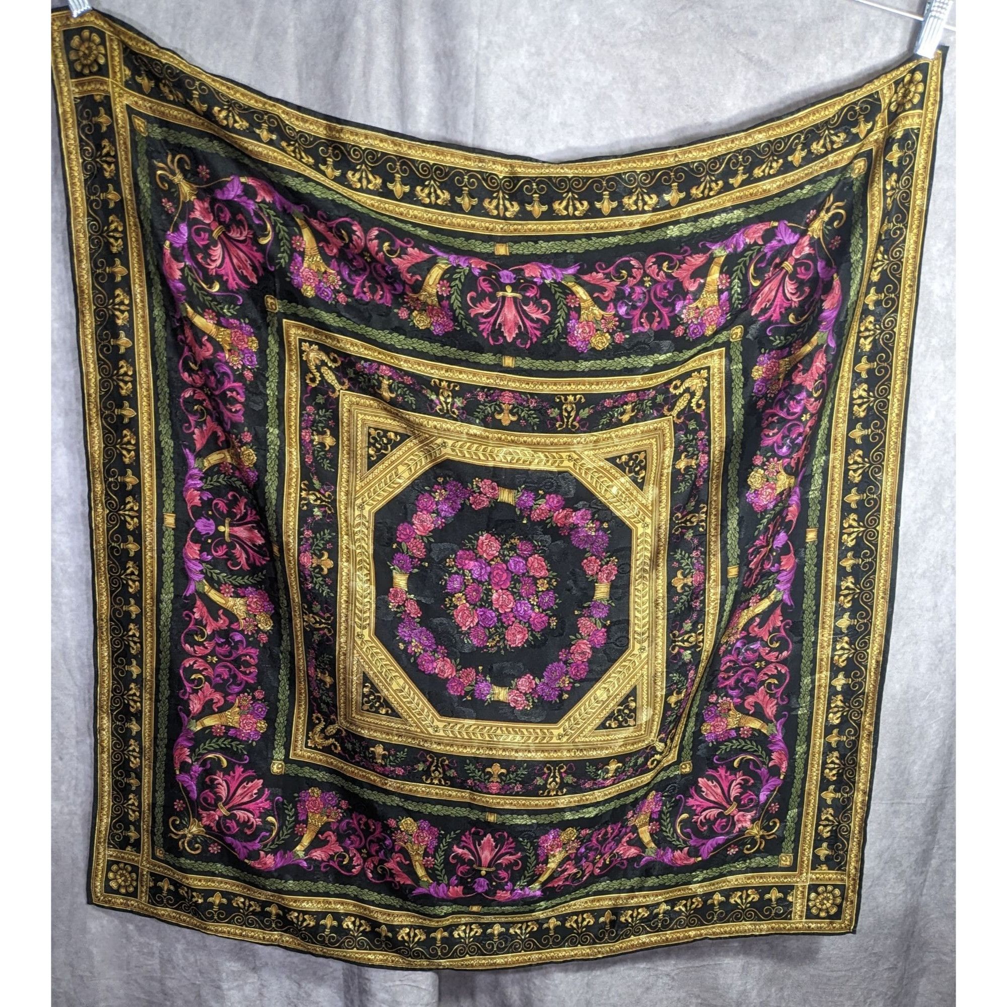 Other Vintage Floral Embossed Scarf 34"x34" Ornate Black Gold Pink Size ONE SIZE - 7 Thumbnail