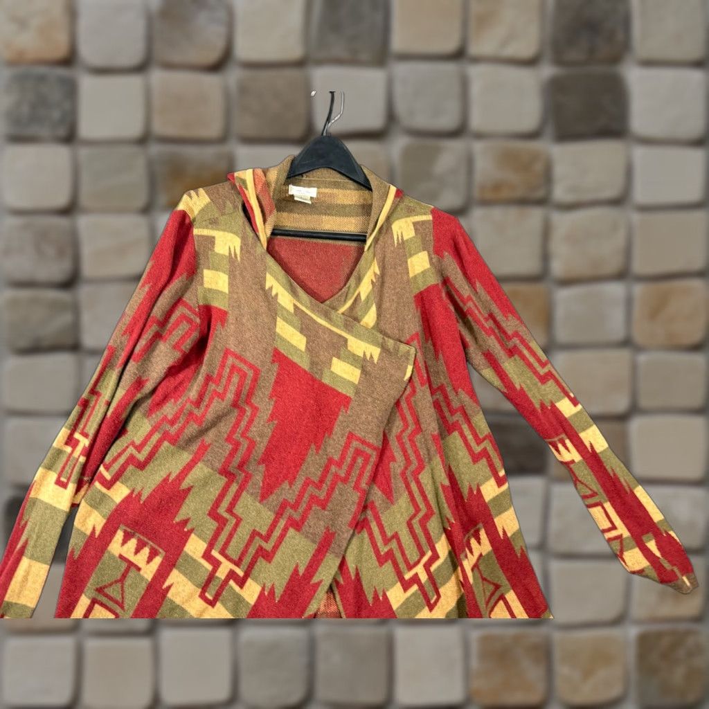 Vintage Tasha Polizzi Sweater Womens S Red Green Aztec Hooded Open Front Cardigan Size S / US 4 / IT 40 - 1 Thumbnail