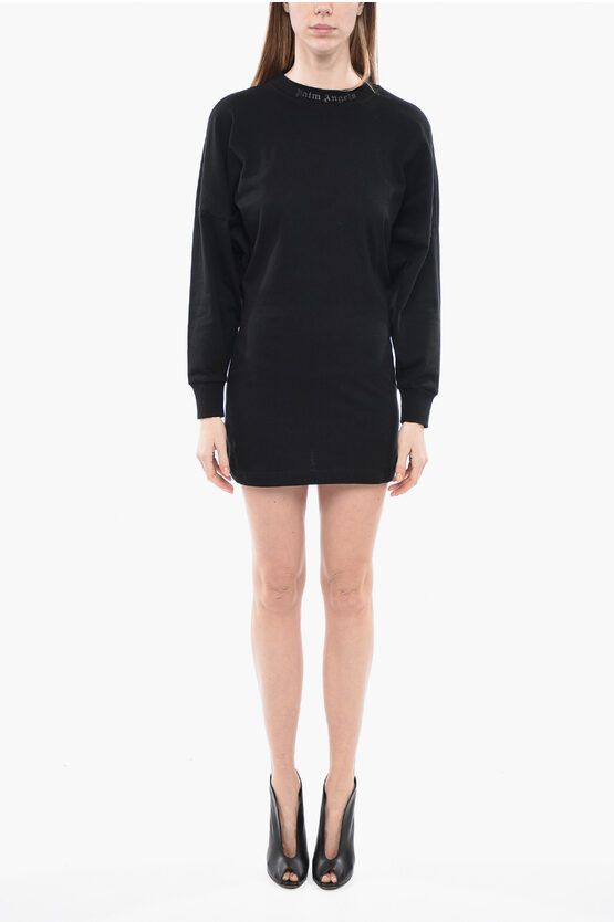 image of Palm Angels Long-Sleeved T-Shirt Dress With Rhinestoned Logo in Black, Women's (Size 2XS)